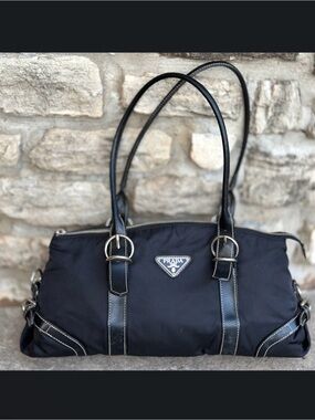 AUTHENTIC Prada Black Nylon Tote Bag with Leather Trim